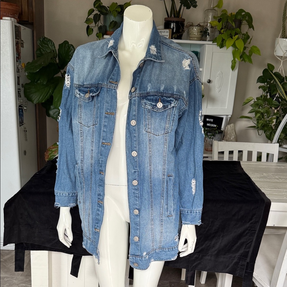 Chocolate USA long Blue Distressed Women's chambray Denim Jacket button down Med